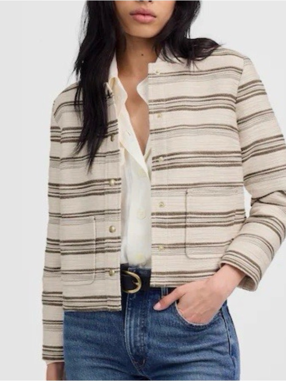 Madewell Striped Ivory and Olive Green Round-Neck Button Jacket